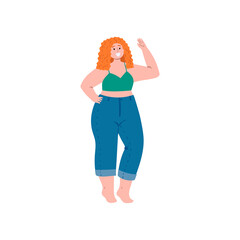 Body positive smiling sexy plus size woman with red hair. Hand drawn flat cartoon style illustration.