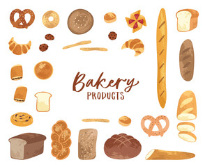 Set of different types, shapes and sizes of breads and homemade baked products: croissant, loaf, bun, baguette, toast, pretzel. Bakery goods set use for cooking books, restaurant menu, posters, labels
