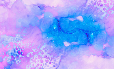 Light blue, pink and purple alcohol ink abstract background. Flow liquid watercolor paint splash texture effect illustration for card design, modern banners, ethereal graphic design