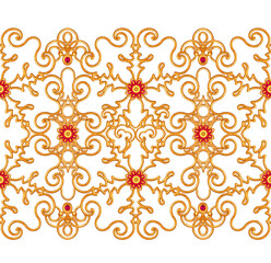 Seamless pattern. Golden textured curls. Oriental style arabesques. Brilliant lace, stylized flowers. Openwork weaving delicate, golden background, 3D rendering.