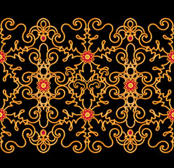 Seamless pattern. Golden textured curls. Oriental style arabesques. Brilliant lace, stylized flowers. Openwork weaving delicate, golden background, 3D rendering.