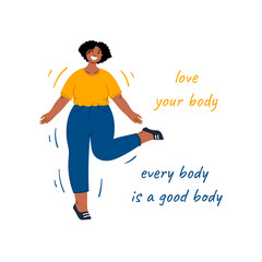 Happy body positive woman dance, Love your body. Every body is a good body. Hand drawn flat cartoon illustration.