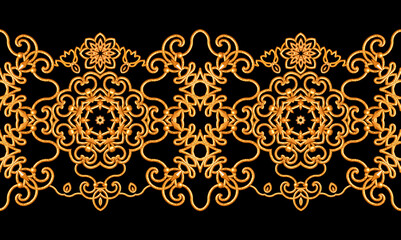 Seamless pattern. Golden textured curls. Oriental style arabesques. Brilliant lace, stylized flowers. Openwork weaving delicate, golden background, 3D rendering
