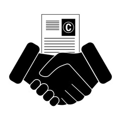 Handshake, paper document with copyright icon. Concept partnership, trust and collaboration. Vector illustration. 