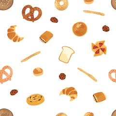 Seamless pattern with different breads and homemade baked products: croissant, baguette, toast, pretzel. Bakery goods background for cooking book, restaurant menu, posters, prints, wrapping paper