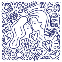 Doodle hand drawn Valentine's Day concet with couple. Man and woman are kissing. Chocolate, diamod, heart, ring, sweets and ther symbols of love.