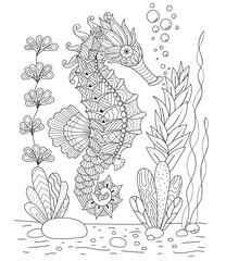 Antistress coloring book seahorse in the Zen style. © Natalia