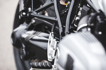 Closeup still of motorbike details. Close shot of motorcycle.