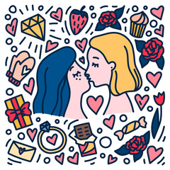 Lesbian couple. Women in love kissing. Cartoon style gays people. Hand drawn doodle style concept for St. Valentine's Day with symbols of love