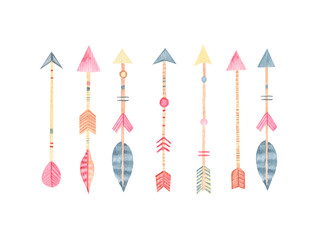 Watercolor hand drawn boho arrows isolated on white background. Perfect for wedding invitation, tribal, boho theme party design. 
