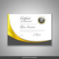 Certificate of achievement - appreciation, completion, graduation, diploma or award with gold waves background. Template design