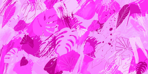 Fototapeta na wymiar Tropical leaves and plants background. Monstera leaf pattern. Textured artistic background for textile, web design, postcard, banner, poster, advertisment