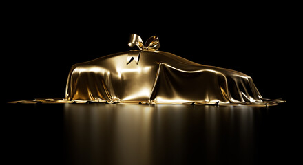 Expensive car gift covered by gold shiny fabric with bow-knot isolated on a black studio background. Luxury surprise item. 3D photorealistic illustration	
