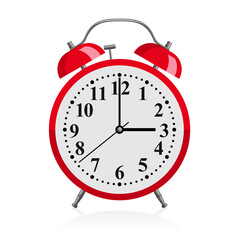 Red alarm clock - vector illustration of retro red watch with wake-up call bells 