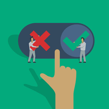 Correct decision choosing - polygonal cartoon people holds tick and cross signs (positive or negative choise) and big frozen hand - vector concept
