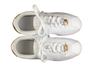 Pair of white leather sport shoes, isolated on white background, shot from above
