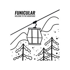 Funicular with cabins. Doodle style ski resort vector illustration. Mountain landscape.