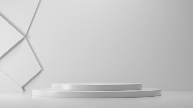 Pedestal podium with white abstract background for product presentation. 3d rendering animation 4k gloss plastic