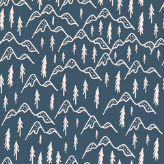 Scandinavian mountains and fir trees seamless doodle hand drawn pattern