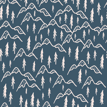 Scandinavian mountains and fir trees seamless doodle hand drawn pattern