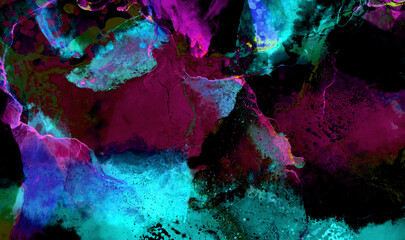 Vivid dark blue, pink and purple alcohol ink neon abstract background. Flow liquid watercolor paint...