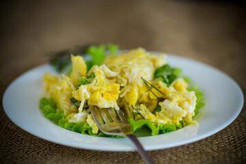 fried omelet with thin vermicelli with salad leaves in a plate