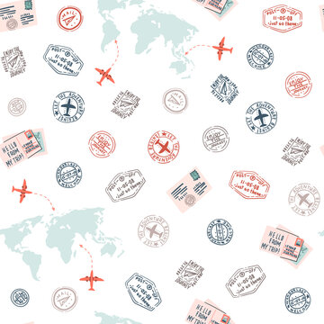 Travel seamless pattern with world map and post and visa stamps