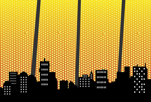 Night cityscape with halftone. Vector illustration retro style.