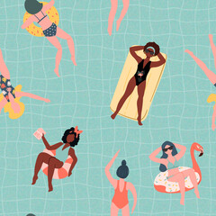 Women are swimming in pool. Seamless summer pattern. Hand drawn flat style background.