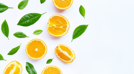 High vitamin C, Juicy and sweet. Fresh orange fruit with leaves on white background.