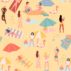 Summer people on the beach seamless pattern. Hand drawn flat illustration. Vacation time on the sea, women sunbathing in bikini.
