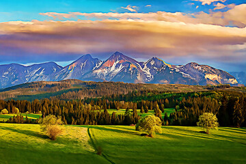 Beautiful spring sunset at Tatra mountains - cartoon style image - obrazy, fototapety, plakaty