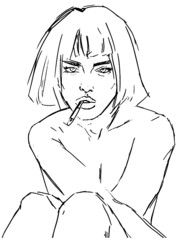 Young girl with a cigarette. Hand drawn outline trendy vector illustrations. Continuous line, minimalistic concept.