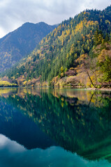 Beautiful multi-color pond at famous Jiuzhaigou National park in autumn, the world heritage site near Chengdu Chinal.