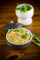 boiled bulgur groats with vegetables and herbs