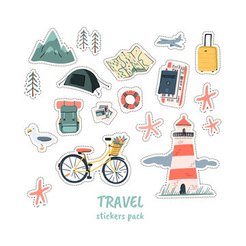 Travel stikers pack about mountain camping. hiing and beach vacation. Cartoon doodles hand drawn illustrations
