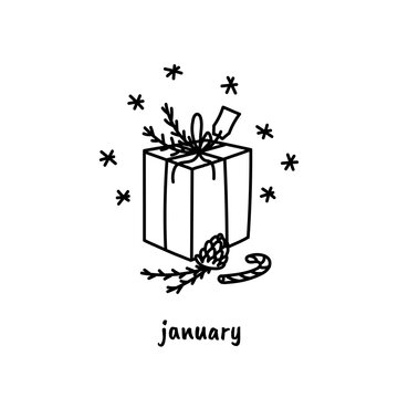 Calendar page with doodle gift box illustration. Wall monthly calendar or desk calendar. Janury page