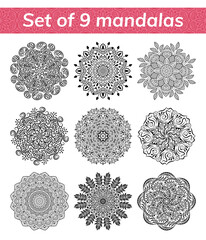 Mandala set. Indian antistress medallion. Abstract islamic flower, arabic henna design, yoga symbol