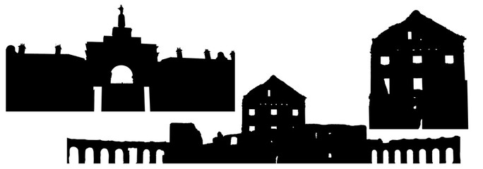 Obraz premium Silhouettes of Ryzhany palace complex of kind of Sapeg in Belarus, set. Vector illustration