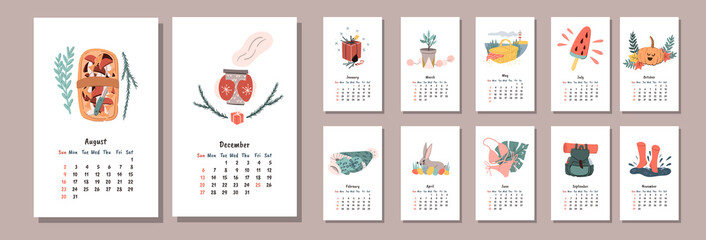 Calendar 2020 hand drawn doodle style pages. Winter Christmas season hot drinks, basket of mushrooms etc. Wall monthly calendar.