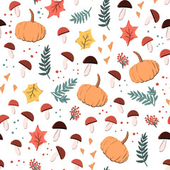 Autumn seamless pattern with pumpkin, mushrooms, berries and leaves. Hand drawn background