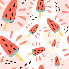 Watermelon juicy ice cream summer seamless pattern. Hand drawn cartoon doodle style background.