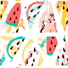 Watermelon juicy ice cream summer seamless triangles pattern. Hand drawn cartoon doodle style background.