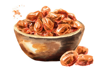 Bowl with Dried sweet red raisins. Hand drawn watercolor illustration isolated on white background