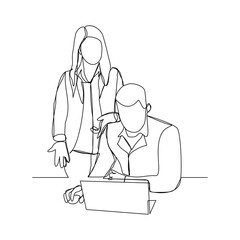 Continuous line drawing of businessman and business woman discussing work with laptop. Vector illustration