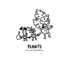 Cute kawaii houseplants characters. Monstera, cactus and sprout. Plants delivery logo, print, stamp, pin etc.