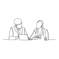 Continuous line drawing of businessman and business woman discussing work with laptop. Vector illustration