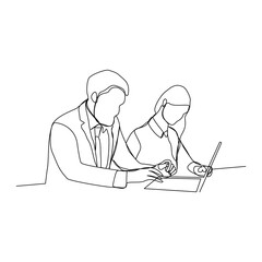 Obraz na płótnie Canvas Continuous line drawing of businessman and business woman discussing work with laptop. Vector illustration