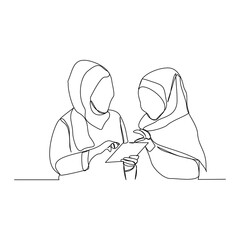 Continuous line drawing of two muslim business women read and discussing job paper. Vector illustrarion