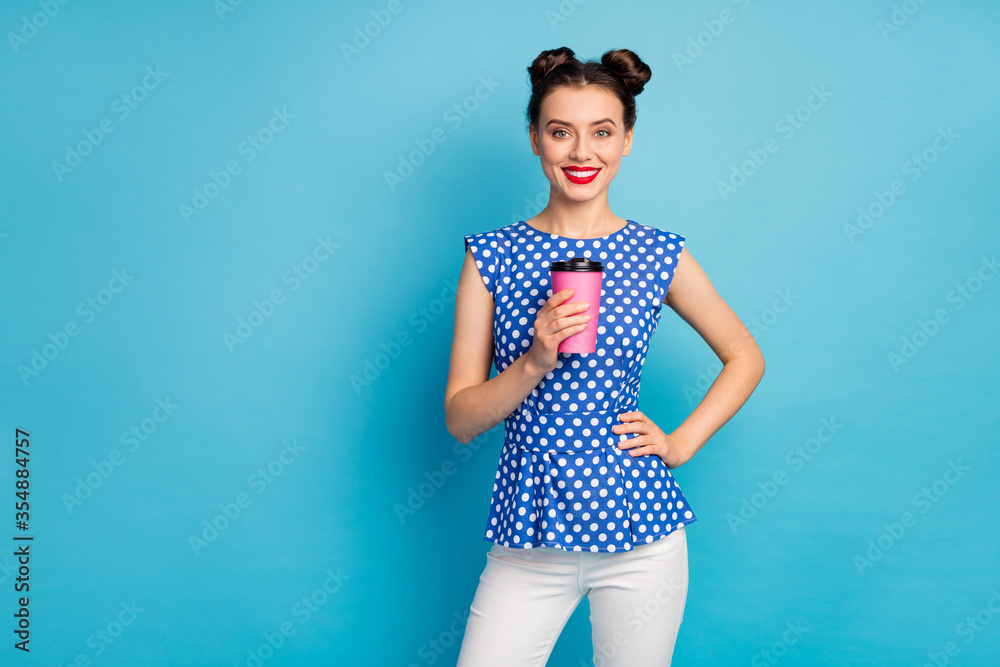 Poster photo of beautiful pretty attractive lady holding hot takeaway paper coffee cup toothy smiling red p